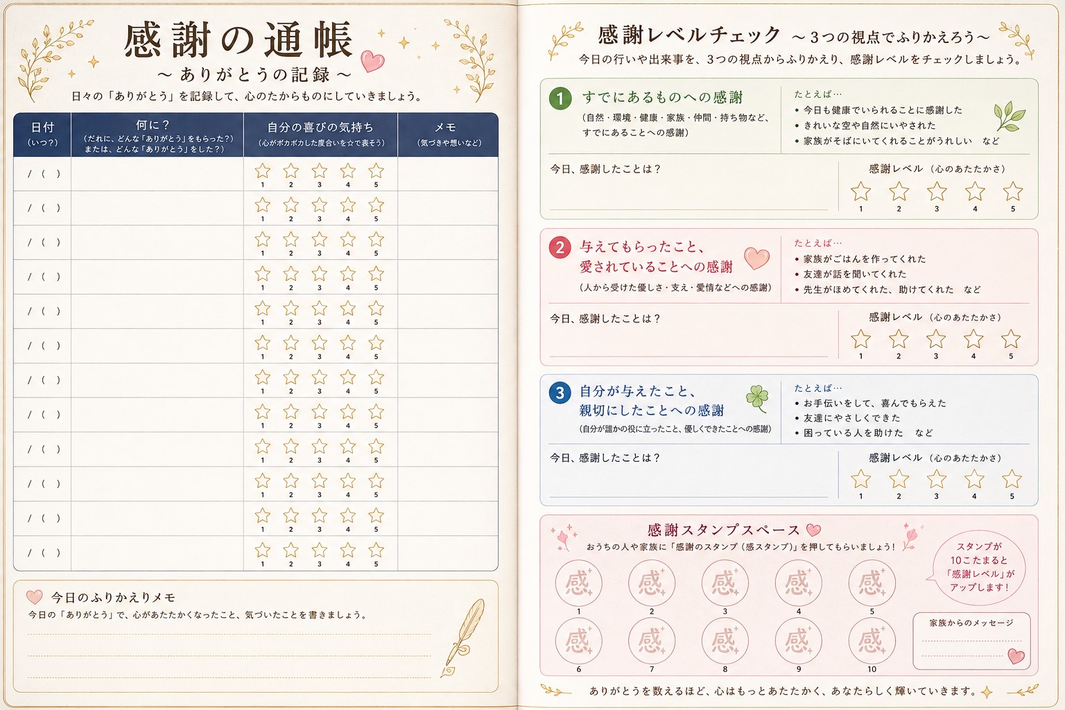 大人向け感謝通帳の記録ページと3つの振り返り項目